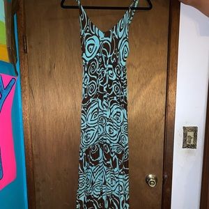 Long blue and brown Hawaiian print dress